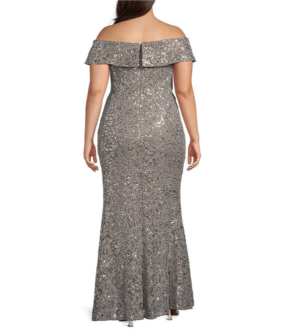 sequin dress for older ladies Alex Evenings Plus Size Off-The-Shoulder Gown - Pewter formal dress for 60 year old woman