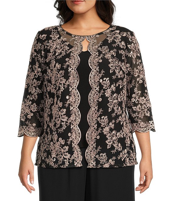 Alex Evenings Plus Size Scoop Neck 3/4 Sleeve Embroidered