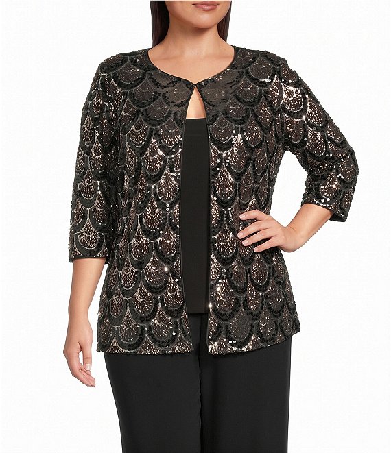 Alex Evenings Plus Size Sequin Detail 3/4 Sleeve Mock Twinset