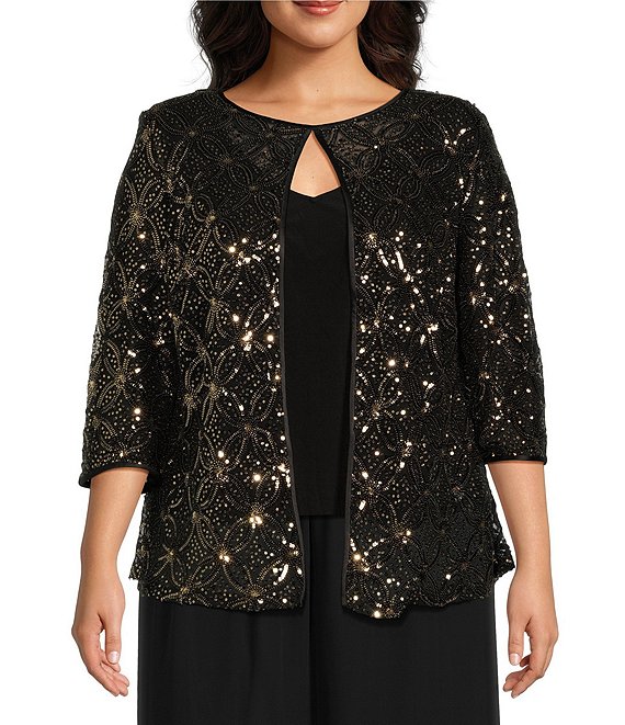 Alex Evenings Plus Size Sequin V Neck 3 4 Sleeves Mock Twinset