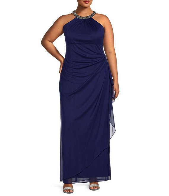 Alex Evenings Plus Size Sleeveless Beaded Halter Neck Cascade Ruffle Gown Dillard s