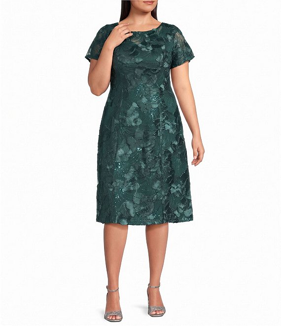 Alex Evenings Plus Size Soutache Lace Sequin Round Neck Cap Sleeve Tea Dress