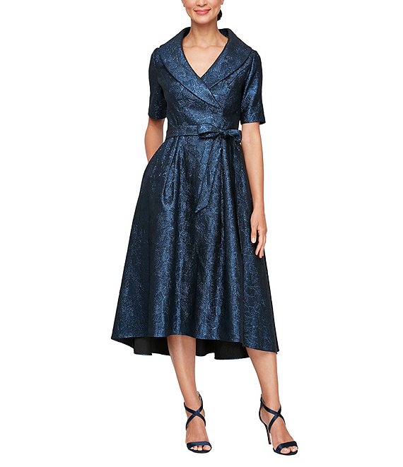 Alex Evenings Portrait Collar Dress Short Sleeve Tie Waist Jacquard Fit And Flare Dress Dillard s