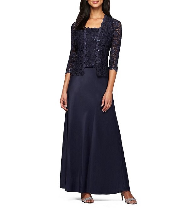 Color:Midnight - Image 1 - Sequin Embellished Floral Lace Square Neck A-Line 3/4 Sleeve Satin 2-Piece Jacket Gown