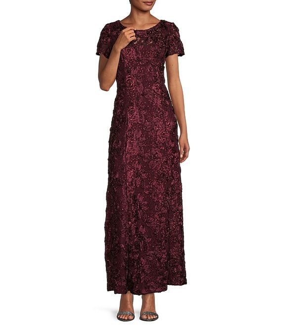 Color:Merlot - Image 1 - Sequined Floral Lace Ribbon Rosette Round Neck Short Sleeve Gown