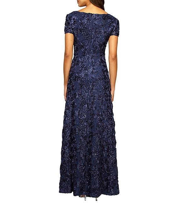 Alex Evenings Sequined-Lace Rosette-Rose Gown, Womens, 18, Navy