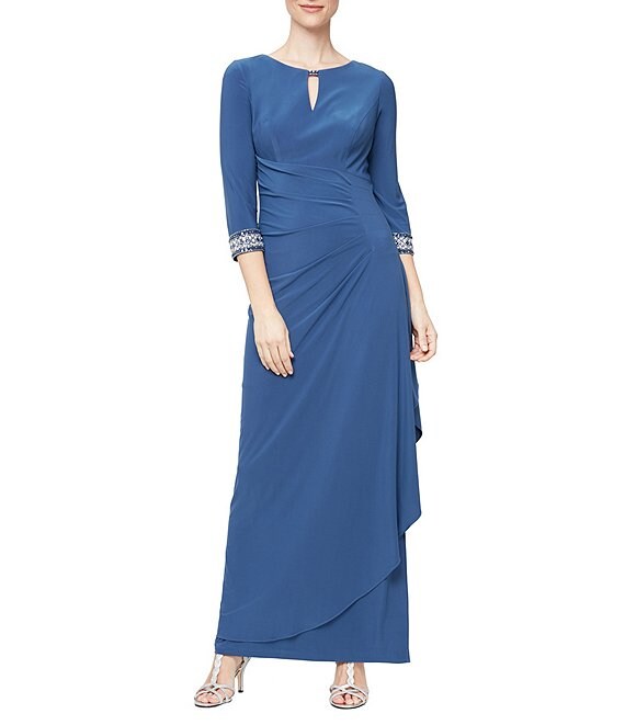 Alex Evenings Side Ruched Cascade Slit Keyhole Neck 3/4 Sleeve Embellished Cuff Gown