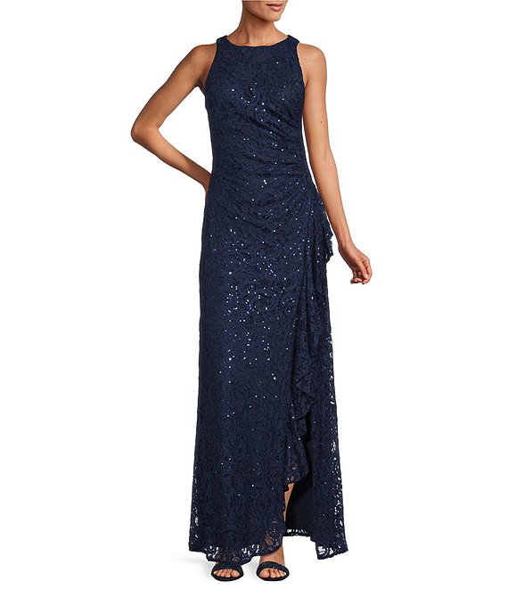 Alex Evenings Crew Neck Sleeveless Cascade Ruffle Thigh High Slit Sequin Lace Stretch Gown