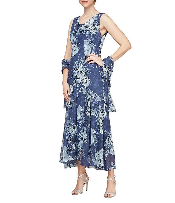 Alex Evenings Sleeveless Cowl Neck Floral Chiffon Long Shawl Sheath Dress