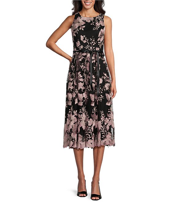 Alex Evenings Sleeveless Crew Neck Self Tie Belt Embroidered Tulle Dress