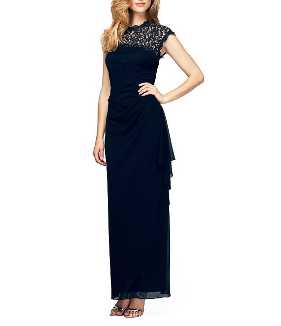 Color:Navy - Image 1 - Sleeveless Illusion Scoop Neck Open Back Lace Long Dress