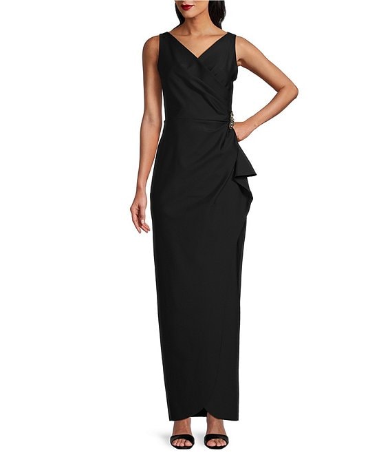 Alex Evenings Sleeveless Surplice V Neck Beaded Detail Ruched Ruffled Sheath Gown