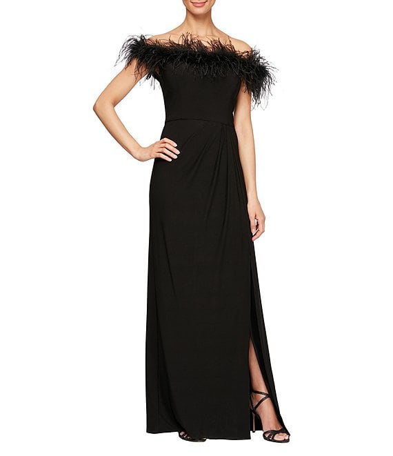 Color:Black - Image 1 - Stretch Matte Jersey Feather Off-the-Shoulder Cap Sleeve Ruched Front Slit Gown