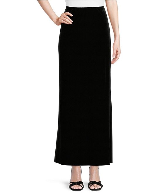 Color:Black - Image 1 - Stretch Velvet Fishtail Pull-On A-Line Maxi Skirt