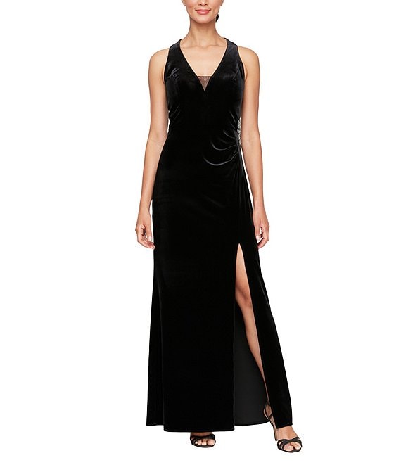 Alex Evenings Stretch Velvet Halter Neck Sleeveless Illusion Beaded Sheath Gown Dillard s