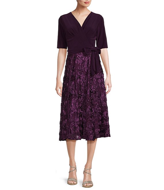 Color:Eggplant - Image 1 - Short Sleeve Floral Rosette Skirt Surplice V-Neck Tie Midi Dress