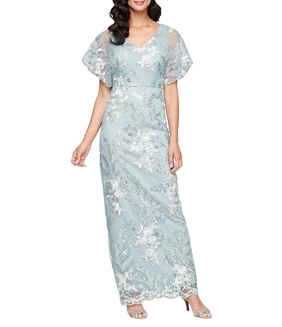 Alex Evenings V-Neck Floral Embroidered Short Sleeve Sheath Alex Evenings V-Neck Floral Embroidered Short Sleeve Sheath