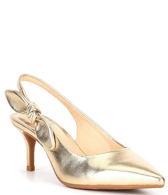 Color:Soft Gold - Image 1 - Aaileen Metallic Leather Slingback Bow Pumps