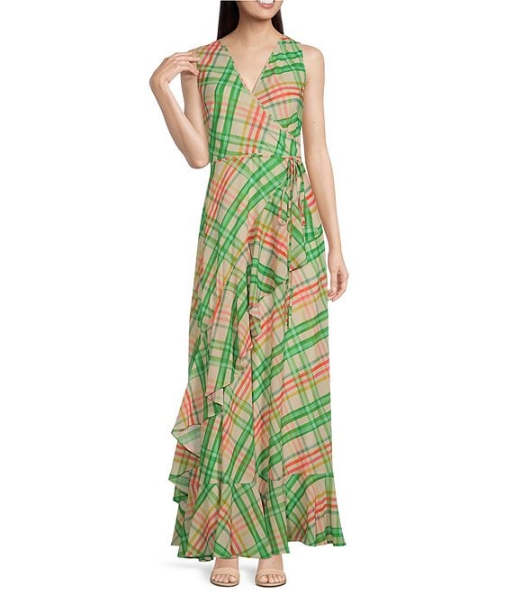 Alex Marie Abby Green Plaid Print V-Neck Chiffon Dress | Dillard's