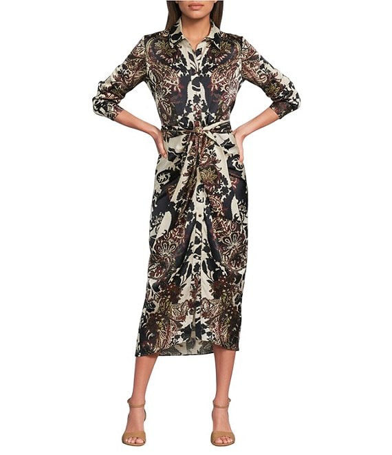 Alex Marie Adriana Collared Tie Waist Midi Dress, Ecru/Espresso - Image 1