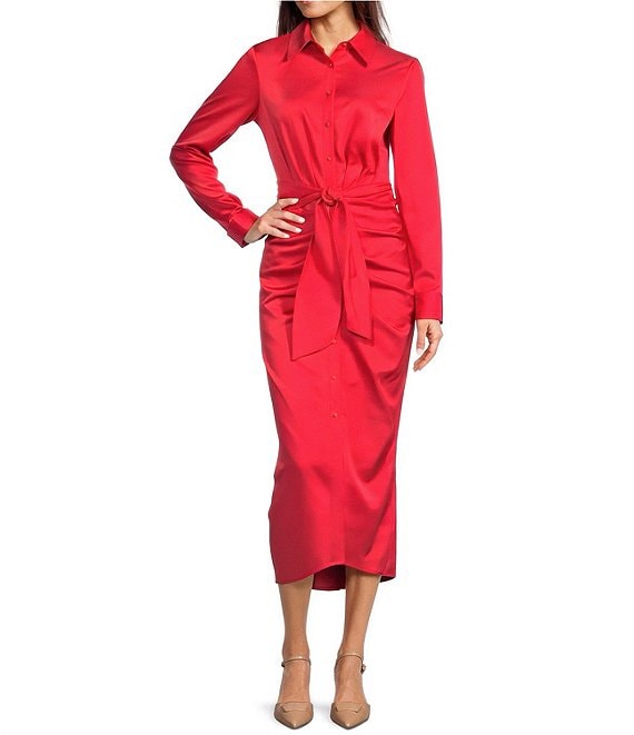Alex Marie Adriana Long Sleeve Collared Tie Waist Maxi Dress, Rouge - Image 1