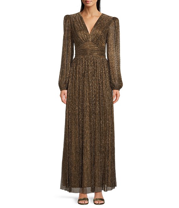 Color:Gold - Image 1 - Bella Crinkle Metallic V-Neck Blouson Long Sleeve A-Line Gown