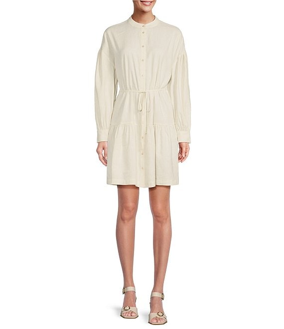 Color:Sand Stripe - Image 1 - Benson Button Front Tiered A-Line Linen Dress