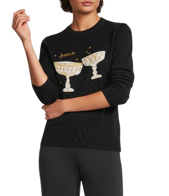 Alex Marie Cheers Wool Blend Knit Coupe Crew Neck Long Sleeve Pullover Sweater