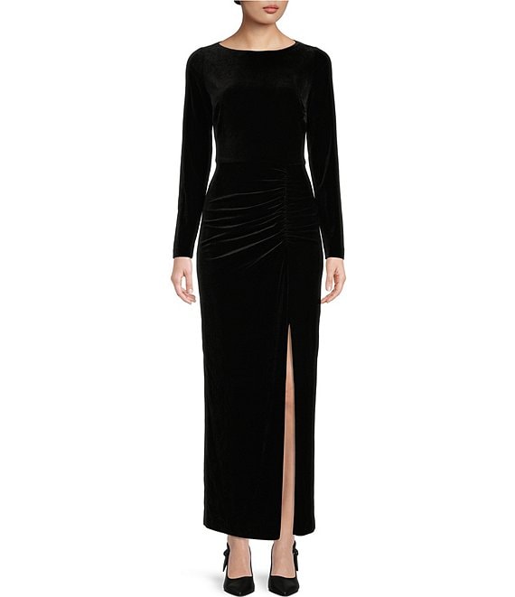 Alex Marie Chloe Stretch Velvet Boat Neck Long Sleeve Gown | Dillard's