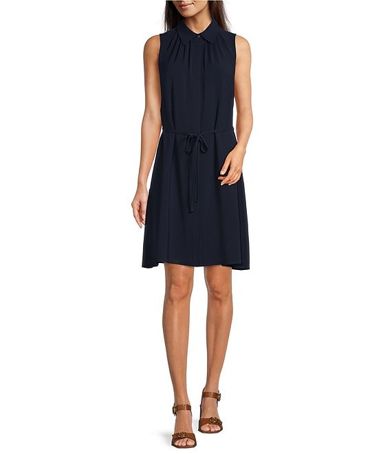 Color:Navy - Image 1 - Claire Sleeveless Self-Tie Belt Button Front Sweater Dress