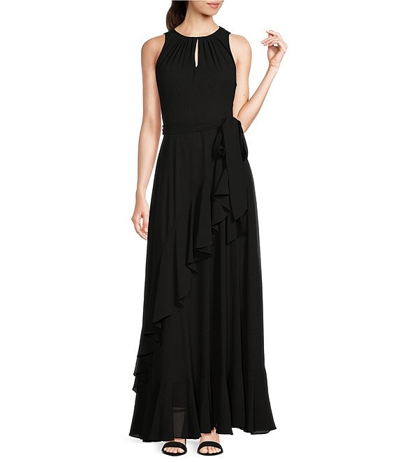 Color:Black - Image 1 - Colette Sleeveless Tie Waist Tiered Ruffle Hem Maxi Gown