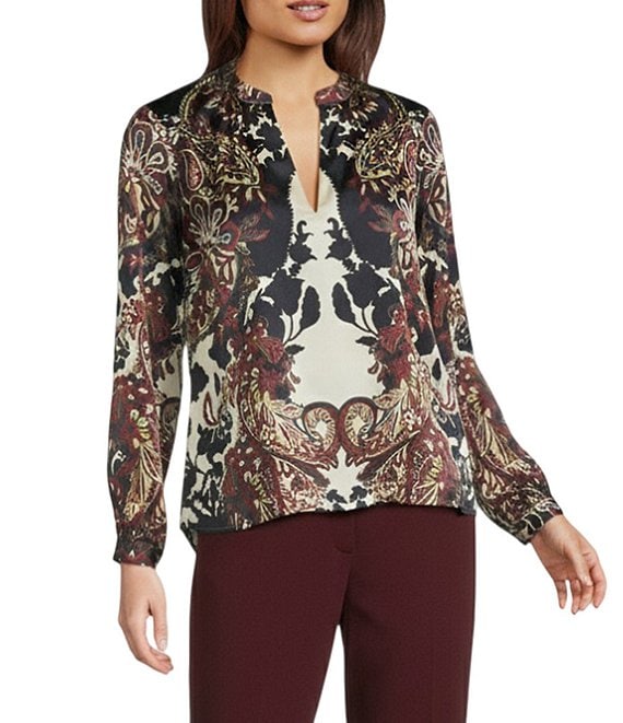 Alex Marie Harley Printed Satin Long Sleeve V-Neck Blouse, Ecru/Espresso - Image 1