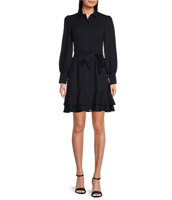 Color:Navy - Image 1 - Jesse Long Sleeve Tie Waist Tiered Pleated Shirt Dress