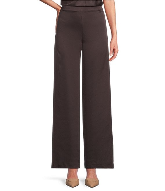 Alex Marie Kristen Stretch Satin Flat Front Full Length Wide Leg Pants