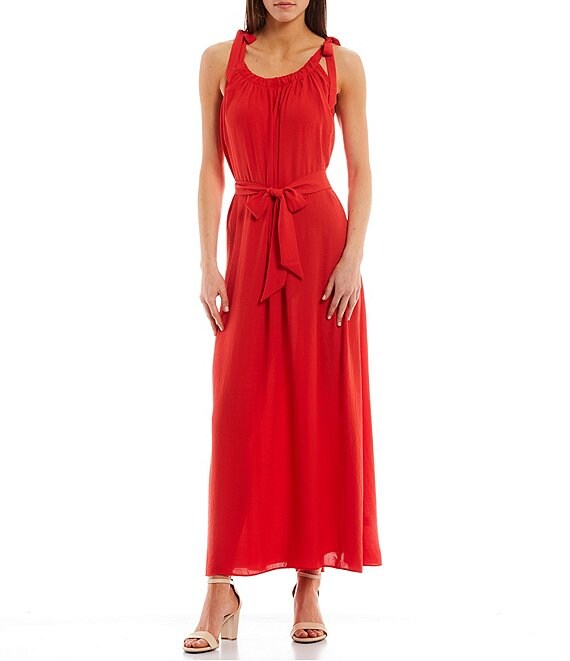 Color:Flame - Image 1 - Kyla Tie Shoulder Gathered Scoop Neck Sleeveless Maxi Dress
