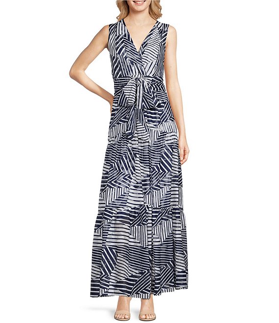 Color:Navy/White - Image 1 - Mallory Geometric Stripe V-Neck Sleeveless A-Line Maxi Dress
