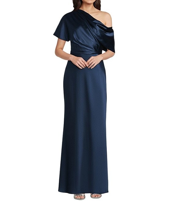Alex Marie Nancy Stretch Satin One Shoulder Short Sleeve Gown, Navy - Image 1