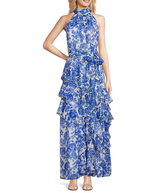 Color:Cobalt Print - Image 1 - Nina Floral Halter A-Line Sleeveless Maxi Dress