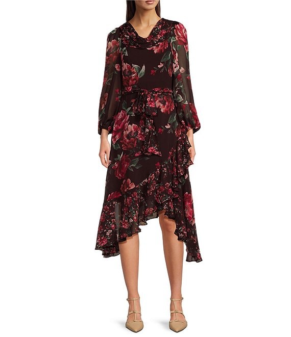 Alex Marie Petite Size Birdie Chiffon Floral Print Ruch Cowl