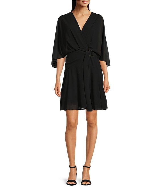 Color:Black - Image 1 - Petite Size Carissa Chiffon V-Neck 3/4 Flutter Cape Sleeve Belted Dress