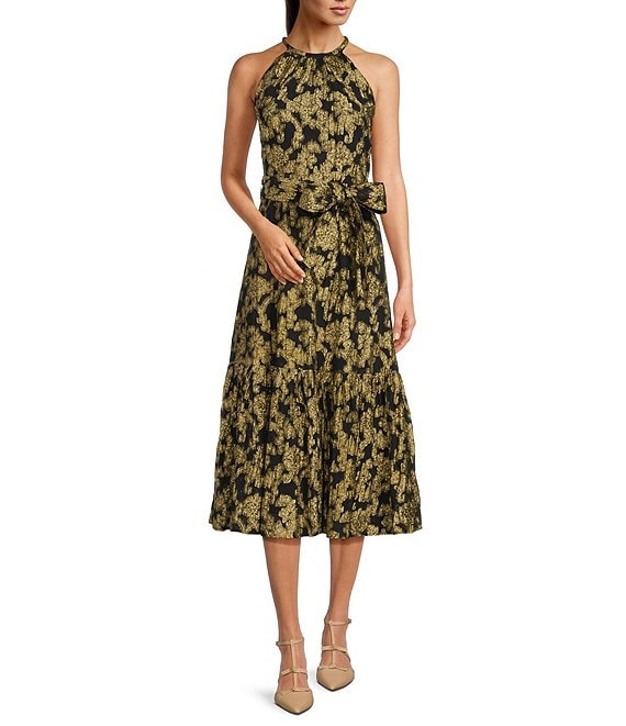 Color:Gold Foil - Image 1 - Petite Size Jasmine Halter Neck Lurex Jacquard Sleeveless Midi Dress