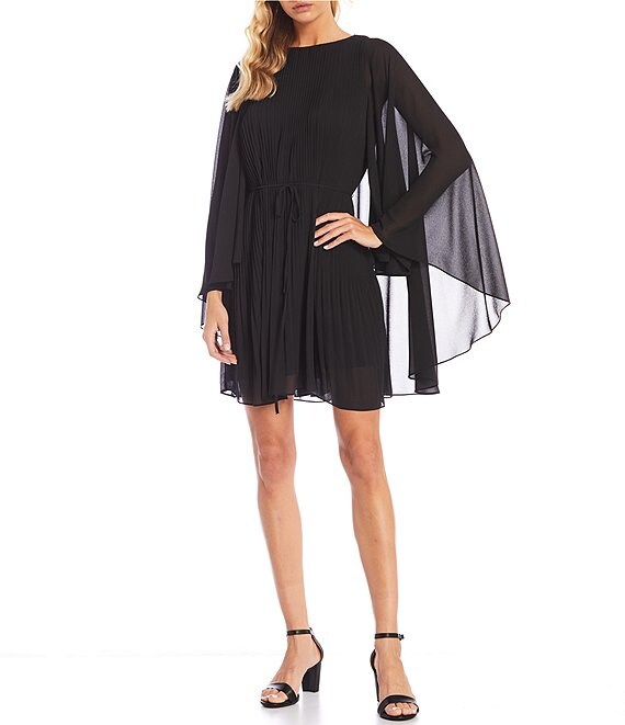 Color:Black - Image 1 - Petite Size Jordan Round Neck Long Cape Sleeve A-Line Chiffon Dress