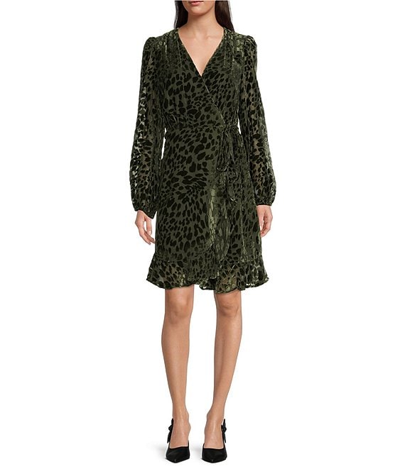 Color:Moss - Image 1 - Petite Size Maren Velvet Burnout Animal Print Long Sleeve Surplice V-Neck Ruffle Hem Wrap Dress