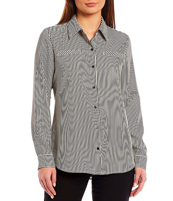 Color:Stripe - Image 1 - Piper Crepe de Chine Stripe Point Collar Long Sleeve Button Front Blouse