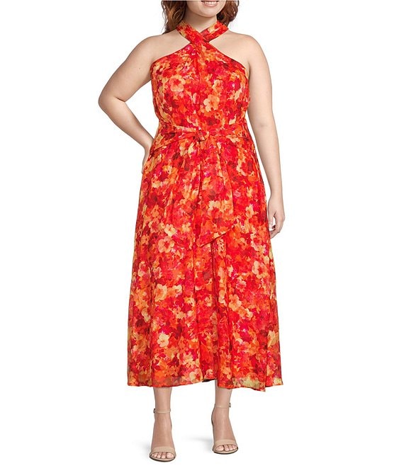 Color:Orange/Pink - Image 1 - Plus Dalton Halter Neck Sleeveless A-Line Tiered Dress