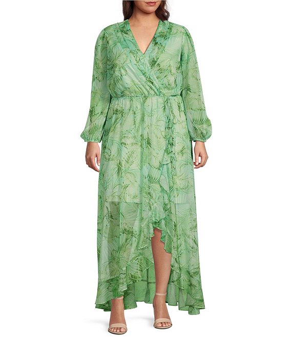 Color:Tropical Green - Image 1 - Plus Hallie Palm Chiffon Long Sleeve Maxi Dress