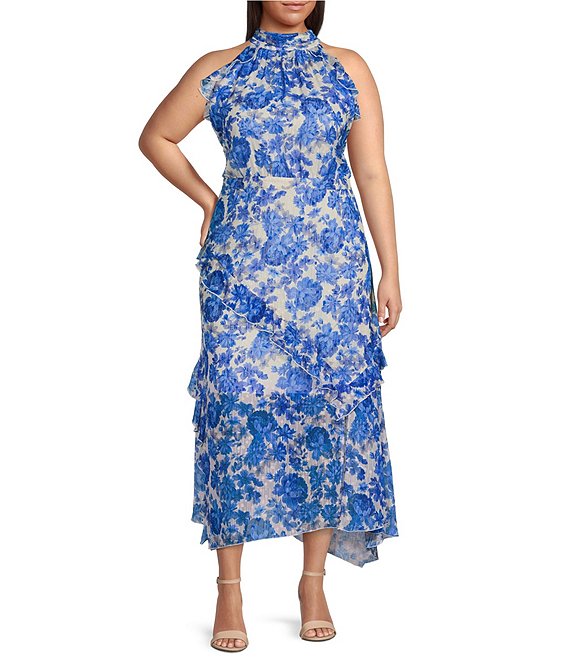 Alex Marie Plus Size Fiona Floral Print Halter Neck Sleeveless Asymmetric Hem Dress