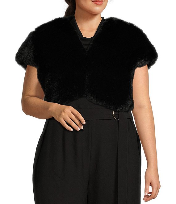 Color:Black - Image 1 - Plus Size Jillian Faux Fur V-Neck Short Sleeve Cover Up