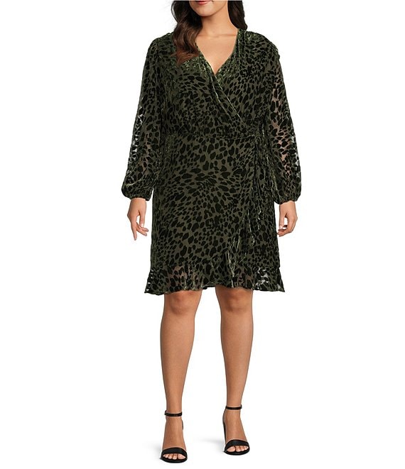 Color:Moss - Image 1 - Plus Size Maren Animal Print Velvet Burnout Surplice V-Neck Long Sleeve Wrap Dress