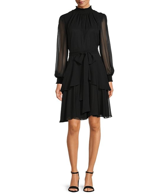 Color:Black - Image 1 - Rosalia Long Split Sleeve Smocked Mock Neck Tie Waist Layered A-Line Dress